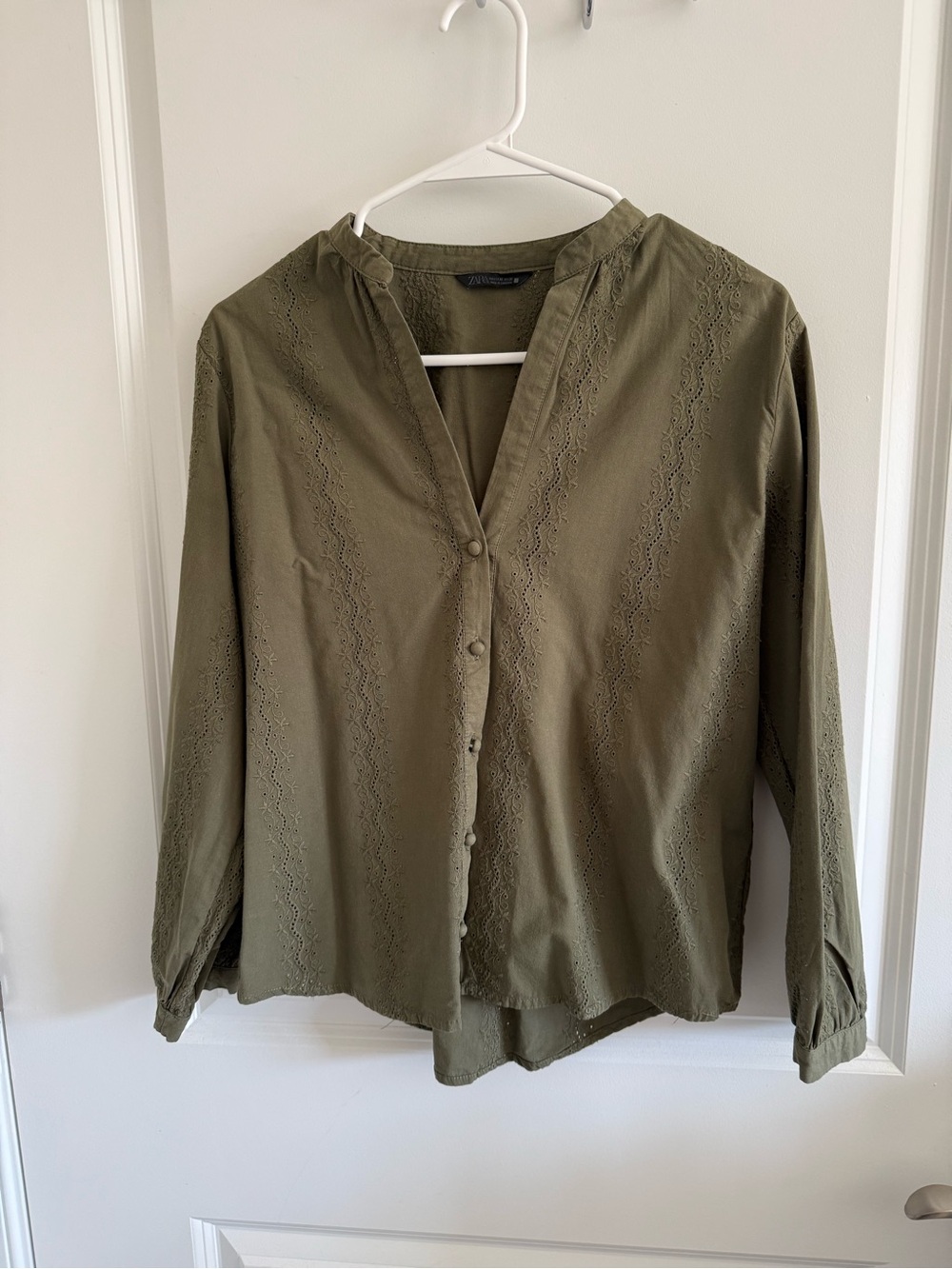 Zara- Embroidered Lace Shirt - Mid Khaki- Green - XS